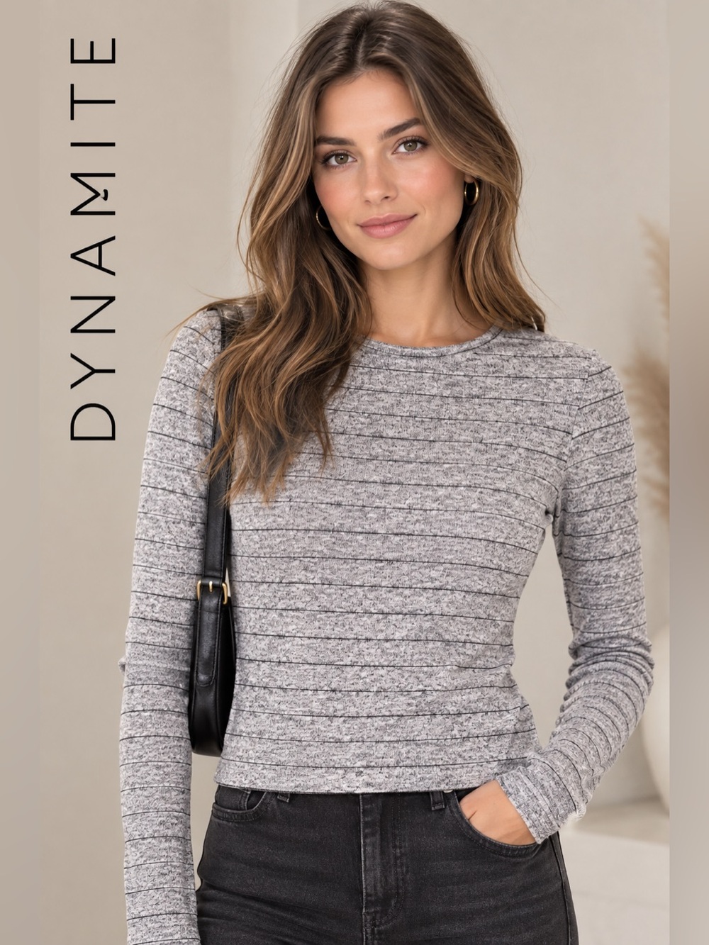 DYNAMITE Grey and Black Striped Long-Sleeve Crewneck Top
